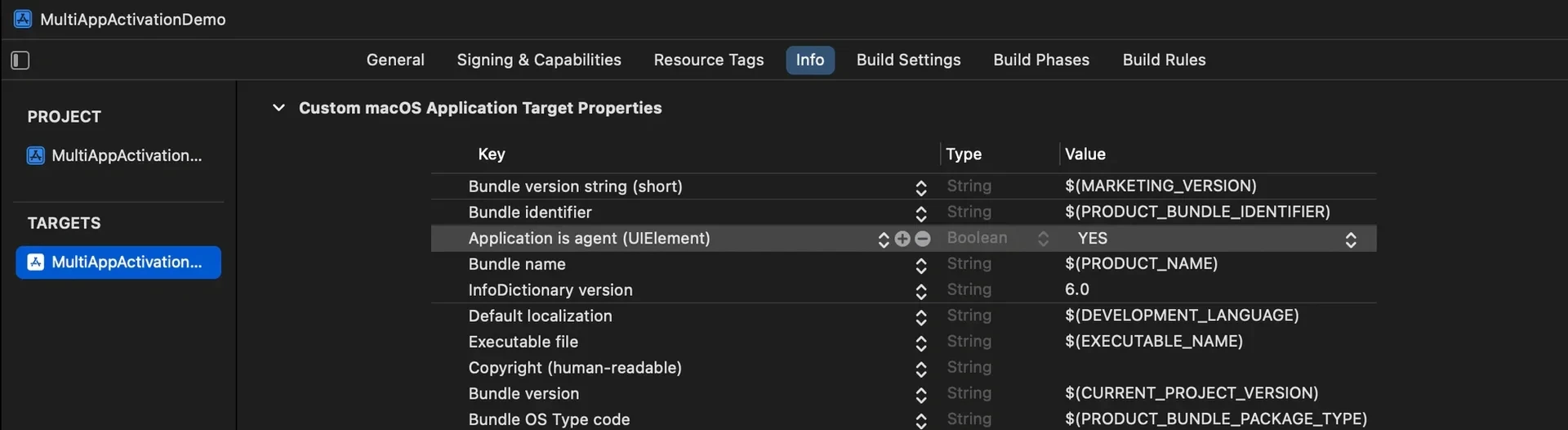Xcode target properties with Application is agent set to YES
