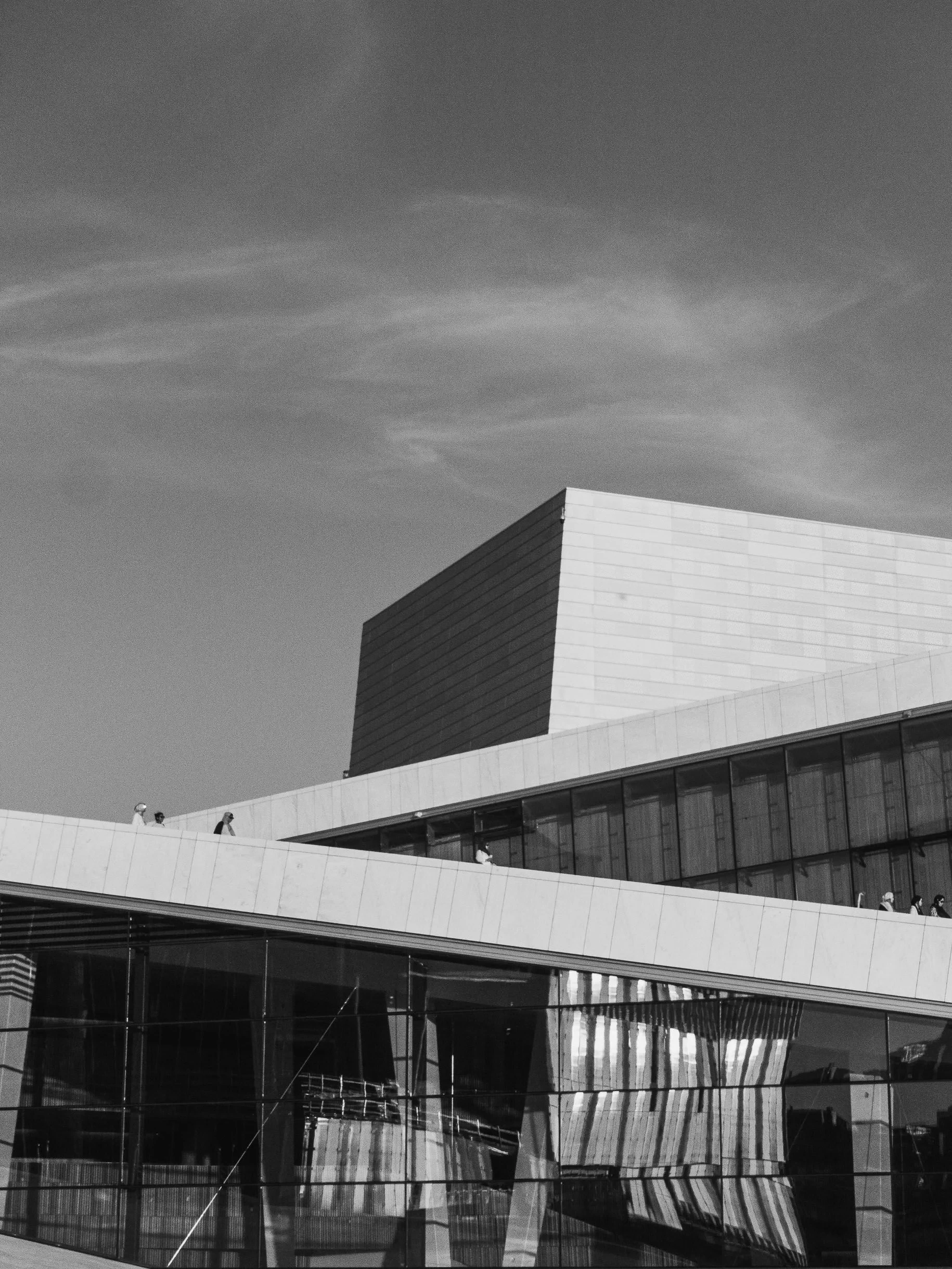 Opera House roof and people in black and white